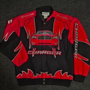 Vintage 100% Cotton Dodge Charger racing jacket in black and red.